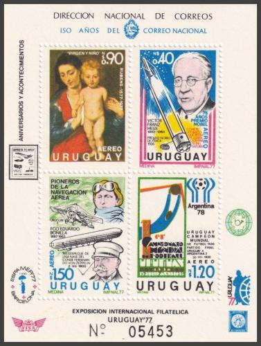 Potovn znmky Uruguay 1977 MS ve fotbale, umn, letectv Mi# Block 34 Kat 35